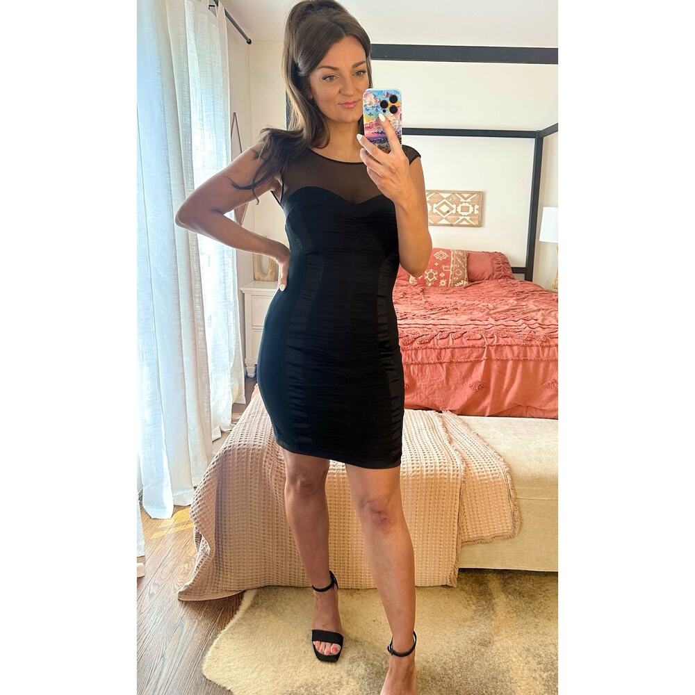 Cache Size 4 Black Illusion Ruched Stretchy Mini Dress